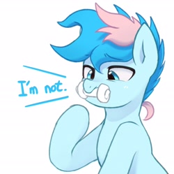 Size: 2498x2486 | Tagged: safe, artist:maren, oc, oc only, oc:blue chewings, earth pony, pony, 2020, 2021, bust, dialogue, high res, old art, pointing at self, simple background, solo, white background