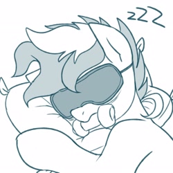 Size: 2600x2600 | Tagged: safe, artist:maren, oc, oc only, oc:blue chewings, earth pony, pony, 2020, bust, chew toy, high res, male, monochrome, mouth hold, old art, onomatopoeia, pillow, simple background, sleep mask, sleeping, solo, sound effects, stallion, white background, zzz