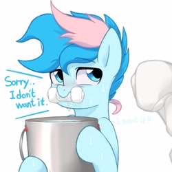 Size: 2600x2600 | Tagged: safe, artist:maren, oc, oc only, oc:blue chewings, earth pony, pony, 2020, blushing, bucket, bucket of water, bust, chew toy, dialogue, high res, holding, offscreen character, old art, simple background, sweat, white background