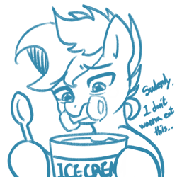 Size: 800x800 | Tagged: safe, artist:maren, oc, oc only, oc:blue chewings, earth pony, pony, 2021, bust, dialogue, food, hoof hold, ice cream, monochrome, old art, solo, spoon, worried