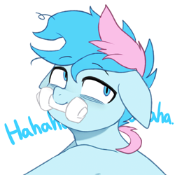 Size: 2048x2048 | Tagged: safe, artist:maren, artist:veeayydee, color edit, edit, oc, oc only, oc:blue chewings, earth pony, pony, 2021, bags under eyes, colored, eyeroll, high res, laughing, messy mane, old art, simple background, solo, white background