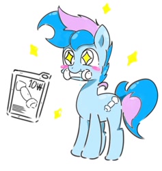 Size: 1102x1164 | Tagged: safe, artist:mlp_button_, oc, oc only, oc:blue chewings, earth pony, pony, blush sticker, blushing, chew toy, korean, simple background, solo, starry eyes, white background, wingding eyes