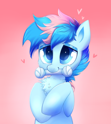 Size: 1538x1713 | Tagged: safe, artist:confetticakez, oc, oc only, oc:blue chewings, earth pony, pony, bust, chest fluff, chew toy, cute, gradient background, heart, solo