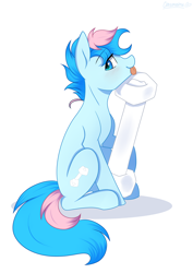 Size: 2894x4093 | Tagged: safe, artist:cottonaime, oc, oc only, oc:blue chewings, earth pony, pony, chew toy, high res, licking, simple background, sitting, size difference, solo, tongue out, white background