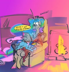 Size: 2934x3083 | Tagged: safe, artist:alumx, princess celestia, oc, oc:blue chewings, alicorn, earth pony, pony, g4, armchair, chair, clothes, crossed legs, dialogue, fireplace, glasses, high res, petting, tablet