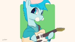 Size: 1024x576 | Tagged: safe, artist:lound, oc, oc only, oc:blue chewings, earth pony, pony, bust, clothes, flannel, guitar, musical instrument, simple background, solo