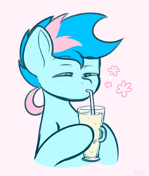 Size: 1072x1264 | Tagged: safe, artist:koapony, oc, oc only, oc:blue chewings, earth pony, pony, bust, drinking straw, emanata, eyes closed, holding, milkshake, pink background, simple background, solo