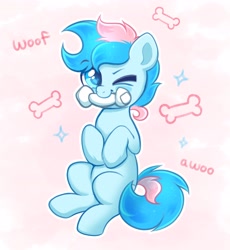 Size: 3192x3465 | Tagged: safe, artist:confetticakez, oc, oc only, oc:blue chewings, earth pony, pony, behaving like a dog, bone, cute, heart, heart eyes, high res, hooves to the chest, male, one eye closed, outline, sitting, solo, wingding eyes, wink