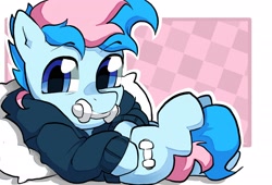 Size: 2200x1500 | Tagged: safe, artist:lound, oc, oc only, oc:blue chewings, pony, clothes, hoodie, looking at you, lying down, on back, pillow, solo