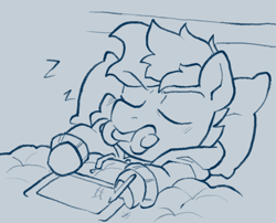 Size: 794x641 | Tagged: safe, artist:lound, oc, oc only, oc:blue chewings, earth pony, pony, bed, clothes, drawing tablet, hoodie, monochrome, sleeping, solo