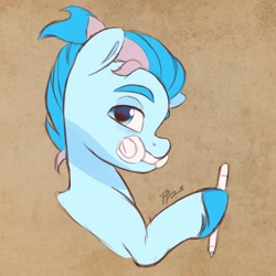 Size: 3126x3126 | Tagged: safe, artist:haruh_ink, oc, oc only, oc:blue chewings, earth pony, pony, alternate hairstyle, bust, high res, hoof hold, profile, solo, stylus, unshorn fetlocks