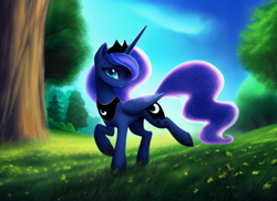 Size: 1408x1024 | Tagged: safe, ai assisted, ai content, generator:pony diffusion v1, generator:stable diffusion, prompter:siber, princess luna, alicorn, pony, g4, beautiful, cute, day, ethereal mane, ethereal tail, female, forest, grass, grass field, lidded eyes, long tail, looking at you, lunabetes, mare, nature, prancing, raised hoof, sky, smiling, smiling at you, solo, summer, tail, tree