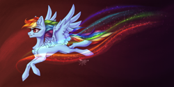 Size: 2000x1000 | Tagged: safe, artist:jsunlight, rainbow dash, pegasus, pony, g4, chest fluff, concave belly, ear fluff, female, flying, mare, slender, solo, spread wings, thin, wallpaper, wings