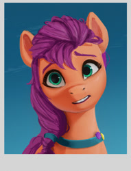 Size: 577x756 | Tagged: safe, artist:appletree_at, sunny starscout, earth pony, pony, g5, spoiler:g5, bust, confused, female, gradient background, looking at you, mare, polaroid, portrait, solo