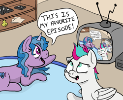 Size: 1764x1433 | Tagged: safe, artist:doodledonutart, izzy moonbow, zipp storm, pegasus, pony, unicorn, g5, antenna, droste effect, duo, female, inception, mare, recursion, rug, spaceballs the tag, television, vhs