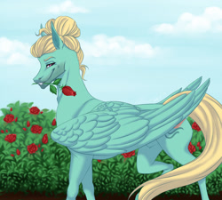 Size: 1280x1151 | Tagged: safe, artist:clouris, zephyr breeze, pegasus, pony, g4, flower in mouth, looking at you, male, rose, rose in mouth, smiling, solo, stallion