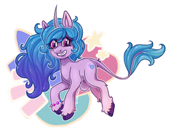 Size: 1280x955 | Tagged: safe, artist:kaninvakker, izzy moonbow, classical unicorn, pony, unicorn, g5, cloven hooves, curved horn, female, grin, horn, leonine tail, simple background, smiling, transparent background, unshorn fetlocks