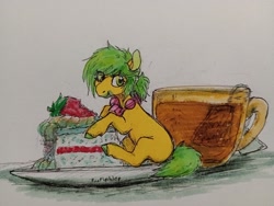 Size: 2048x1542 | Tagged: safe, artist:purple-blep, oc, oc:aden, earth pony, pony, cake, eating, food, herbivore, marker drawing, small, tea, tiny, tiny ponies, traditional art