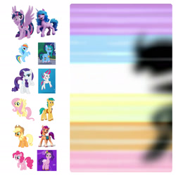 Size: 1920x1920 | Tagged: safe, edit, edited screencap, screencap, applejack, cheese sandwich, fluttershy, hitch trailblazer, izzy moonbow, king sombra, misty brightdawn, pinkie pie, pipp petals, rainbow dash, rarity, sunny starscout, twilight sparkle, zipp storm, alicorn, earth pony, pegasus, pony, unicorn, dragon dad, g4, g5, my little pony: tell your tale, the beginning of the end, spoiler:g5, spoiler:my little pony: tell your tale, spoiler:tyts01e29, blue mane, blue skin, comparison, female, g4 to g5, generation leap, headcanon, hitch and his 2nd heroine, light skin, mane five, mane six, mane six (g5), mare, orange mane, orange skin, pink mane, pink skin, pipp and her 2nd heroine, purple mane, purple skin, rainbow power, simple background, sunny and her 2nd heroine, theory, twilight sparkle (alicorn), white background, white mane, yellow mane, yellow skin