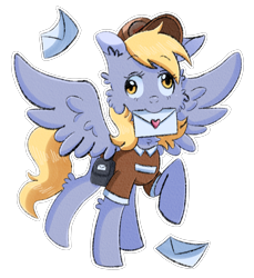 Size: 1532x1671 | Tagged: safe, artist:paamyu, derpy hooves, pegasus, pony, g4, blonde, blonde hair, chest fluff, cute, female, food, heart, letter, looking at you, lovely, mailmare, mouth hold, muffin, png, postman's hat, raised hoof, solo, squint, wings