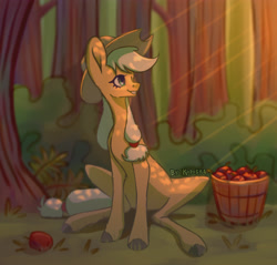 Size: 4500x4300 | Tagged: safe, artist:forcegreat, applejack, earth pony, pony, g4, apple, crepuscular rays, female, food, forest, solo, tree