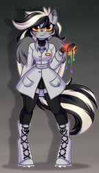 Size: 1705x2953 | Tagged: safe, artist:kannakiller, oc, oc only, pegasus, anthro, fanfic:rainbow factory, badge, belt, clothes, dark background, digital art, dye, eyelashes, fanfic art, female, full body, gift art, gloves, golden eyes, jacket, lacing, liquid, liquid rainbow, looking at you, mare, paint, pegasus oc, pockets, robe, simple background, skirt, smiling, smiling at you, solo, spectra, stockings, tail, thigh highs, turtleneck, wings