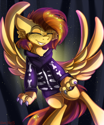 Size: 1424x1700 | Tagged: safe, artist:yuris, oc, oc only, oc:yuris, hengstwolf, pegasus, pony, werewolf, brown mane, claws, clothes, ears back, eyes closed, forest, freckles, grin, halloween, holiday, hoodie, paws, sequins, simple background, smiling, solo, spread wings, wings, yellow skin