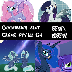 Size: 1500x1500 | Tagged: safe, artist:nika-rain, princess luna, oc, bat pony, pegasus, pony, unicorn, g4, advertisement, any gender, any race, any species, commission, commission info, moon, shooting star, show accurate, stars