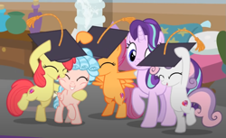 Size: 1123x688 | Tagged: safe, screencap, apple bloom, cozy glow, scootaloo, starlight glimmer, sweetie belle, earth pony, pony, g4, marks for effort, belly, bipedal, cropped, cutie mark crusaders, graduation cap, hat, smiling, solo