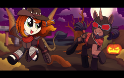 Size: 3250x2048 | Tagged: safe, artist:whitequartztheartist, hybrid, pony, unicorn, borderlands, flying, halloween, high res, holiday, jack-o-lantern, moon, nightmare night, pumpkin, tree