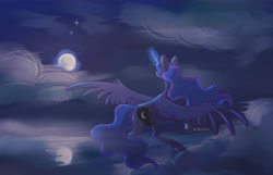 Size: 7000x4500 | Tagged: safe, artist:forcegreat, princess luna, alicorn, pony, g4, female, glowing, glowing horn, horn, moon, night, solo