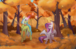 Size: 3800x2500 | Tagged: safe, artist:forcegreat, oc, oc only, pegasus, pony, unicorn, autumn, crepuscular rays, duo, female, forest, glowing, glowing horn, high res, horn, leaves, pegasus oc, unicorn oc
