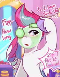 Size: 2613x3311 | Tagged: safe, artist:maren, zipp storm, pegasus, pony, g5, belly, collarbone, concave belly, cucumber, dialogue, face mask, female, food, high res, implied pipp petals, mare, mask, mud mask, offscreen character, slender, thin, wing hold, wings