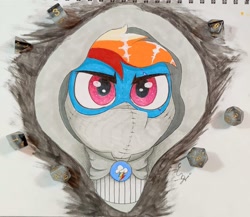 Size: 1983x1719 | Tagged: safe, artist:engi, rainbow dash, pegasus, pony, dungeons and discords, g4, clothes, cosplay, costume, dice, dungeons and dragons, face mask, female, hood, mask, ogres and oubliettes, photo, scar, simple background, solo, traditional art
