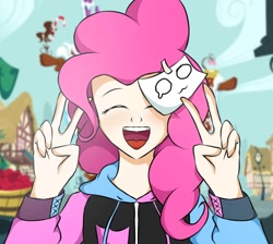 Size: 1210x1082 | Tagged: safe, artist:milkshakecatowo789, pinkie pie, human, g4, double peace sign, eyes closed, female, humanized, open mouth, open smile, peace sign, smiling, solo