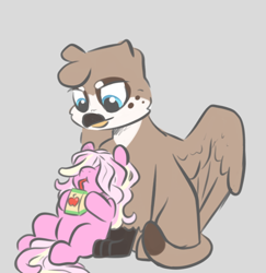 Size: 850x876 | Tagged: safe, artist:smirk, oc, oc only, oc:candy floss, oc:gravel, earth pony, griffon, pony, brother and sister, duo, female, filly, foal, griffon oc, hair over eyes, juice, juice box, male, siblings, simple background, sitting
