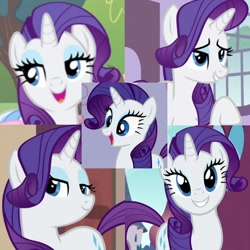 Size: 720x720 | Tagged: safe, edit, editor:megalobronia, screencap, rarity, pony, unicorn, canterlot boutique, filli vanilli, g4, season 2, season 3, season 4, season 5, season 6, sisterhooves social, spike at your service, the gift of the maud pie, collage, cute, raribetes