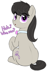 Size: 556x832 | Tagged: safe, artist:zippysqrl, octavia melody, earth pony, pony, g4, aggie.io, bowtie, dialogue, eye clipping through hair, female, huh, looking at you, looking back, looking back at you, mare, question, raised hoof, rear view, simple background, sitting, solo, transparent background
