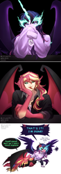 Size: 1400x3959 | Tagged: safe, artist:hiru3152, artist:lzjian79, sci-twi, sunset shimmer, twilight sparkle, equestria girls, g4, angry, begging, black sclera, blushing, claws, collaboration, cross-popping veins, dialogue, duo, emanata, female, forked tongue, lesbian, midnight sparkle, ship:sci-twishimmer, ship:sunsetsparkle, shipping, sunset satan, teasing, tongue out, truth or dare, wings