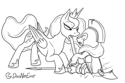 Size: 3000x2000 | Tagged: safe, artist:theandymac, princess luna, oc, unnamed oc, alicorn, pegasus, pony, comic:luna noms her guards, g4, armor, body armor, bondage, cartoon physics, comic, commission, crouching, crown, digestion, digestion without weight gain, dropped, duo, eaten alive, ethereal mane, ethereal tail, eyes closed, female, folded wings, gritted teeth, guard, guard armor, hammerspace, hammerspace belly, height difference, helmet, high res, hoof shoes, hungry, imminent death, implied death, implied digestion, impossibly long tongue, jewelry, lidded eyes, long mane, long tail, long tongue, lunapred, male, mare, missing accessory, monochrome, motion lines, no source available, open mouth, pegasus oc, post-vore, prehensile mane, prehensile tongue, princess shoes, raised hoof, regalia, royal guard, same size vore, signature, sitting, slender, spear, stallion, tail, tall, teeth, terrified, thin, tongue out, tongue wrap, vore, vore sequence, wall of tags, weapon, wings