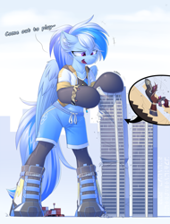 Size: 1080x1421 | Tagged: safe, artist:movieskywalker, derpibooru exclusive, oc, oc:ravist, oc:skywalk shadow, earth pony, pegasus, pony, semi-anthro, arm hooves, bipedal, blue skin, boots, brown mane, building, chinese, city, cityscape, clothes, destruction, dialogue, duo, ear fluff, earth pony oc, falling, female, grey skin, hockless socks, hoodie, looking at something, macro, male, multicolored hair, multicolored tail, outfit, pants, pegasus oc, pink eyes, red eyes, restaurant, shaking, shoes, size difference, smiling, socks, stairs, tail