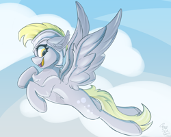 Size: 2500x2000 | Tagged: safe, artist:starcasteclipse, derpy hooves, pegasus, pony, g4, female, flying, helmet, high res, mare, sky background, solo