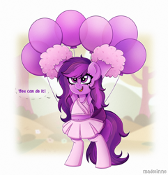 Size: 2300x2381 | Tagged: safe, artist:madelinne, oc, oc only, oc:emilia starsong, pegasus, pony, balloon, cheerleader, cheerleader outfit, clothes, cute, female, happy, high res, mare, open mouth, open smile, simple background, smiling, socks, solo, that pony sure does love balloons, thigh highs