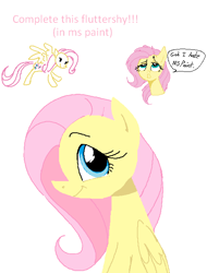 Size: 512x672 | Tagged: safe, artist:dotkwa, fluttershy, pegasus, pony, g4, dialogue, female, lidded eyes, mare, ms paint, simple background, solo, speech bubble, white background