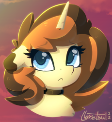 Size: 1272x1374 | Tagged: safe, artist:llametsul, oc, oc only, oc:creme cookie, pony, unicorn, bust, concerned, lineless, looking at you, signature, solo