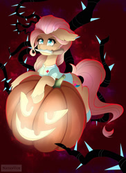 Size: 1280x1760 | Tagged: safe, artist:natanvok, sunny starscout, earth pony, pony, g5, black vine, halloween, holiday, jack-o-lantern, knife, mouth hold, pumpkin, solo