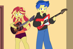 Size: 1280x854 | Tagged: safe, artist:studiodraw, flash sentry, sunset shimmer, human, equestria girls, g4, duo, female, guitar, male, musical instrument, ship:flashimmer, shipping, straight