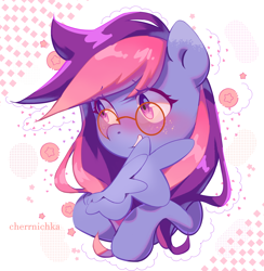 Size: 2924x3000 | Tagged: safe, artist:cherrnichka, oc, oc only, oc:midnight bloom, pegasus, pony, abstract background, blushing, bust, female, glasses, high res, mare, pegasus oc, portrait, smiling, solo