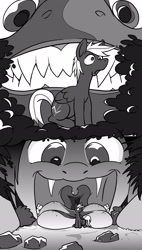 Size: 1280x2254 | Tagged: safe, artist:feedfancier, oc, oc:cuteamena, oc:electric blue, bat pony, pony, black and white, electricute, fangs, grayscale, imminent vore, macro, mawshot, monochrome, open mouth, shipping, smiling, taste buds, this will not end well, tongue out, uvula