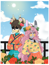 Size: 1500x2000 | Tagged: safe, artist:mari_deer, oc, oc only, deer, reindeer, anthro, crossed arms, deer oc, duo, hand on hip, non-pony oc, reindeer oc, sunglasses